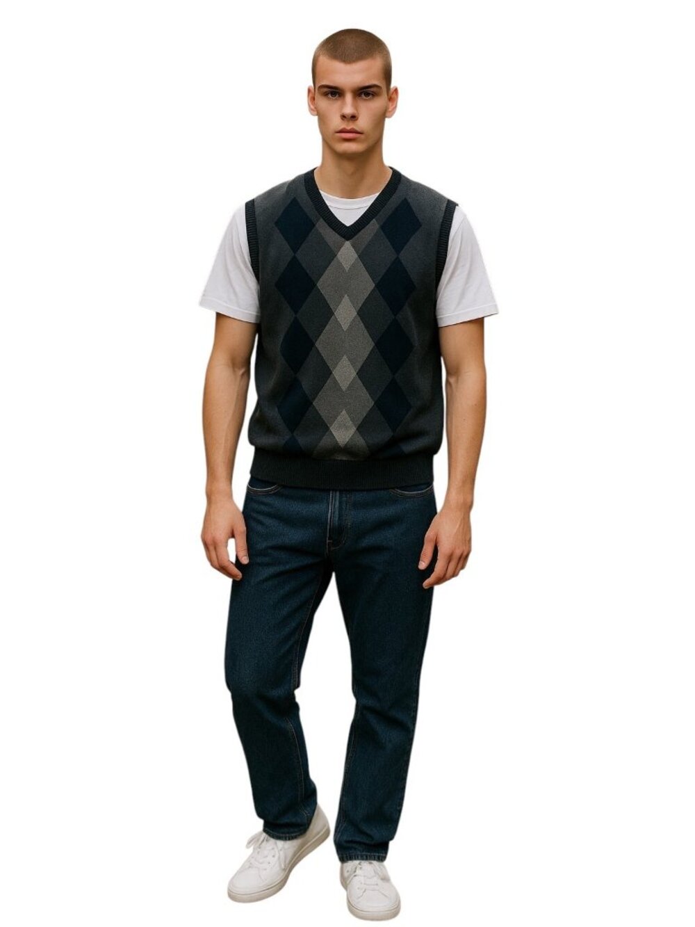 Axist Mens Y2K Sweater Vest Gray Size L Preppy Academia Argyle Classic Old Money